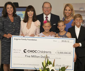 From Left to Right - Kimberly Chavalas Cripe, President and CEO, CHOC Children's; Julia and George Argyros; Stephanie Argyros, CHOC Children's Foundation Board of Directors member, and her children.