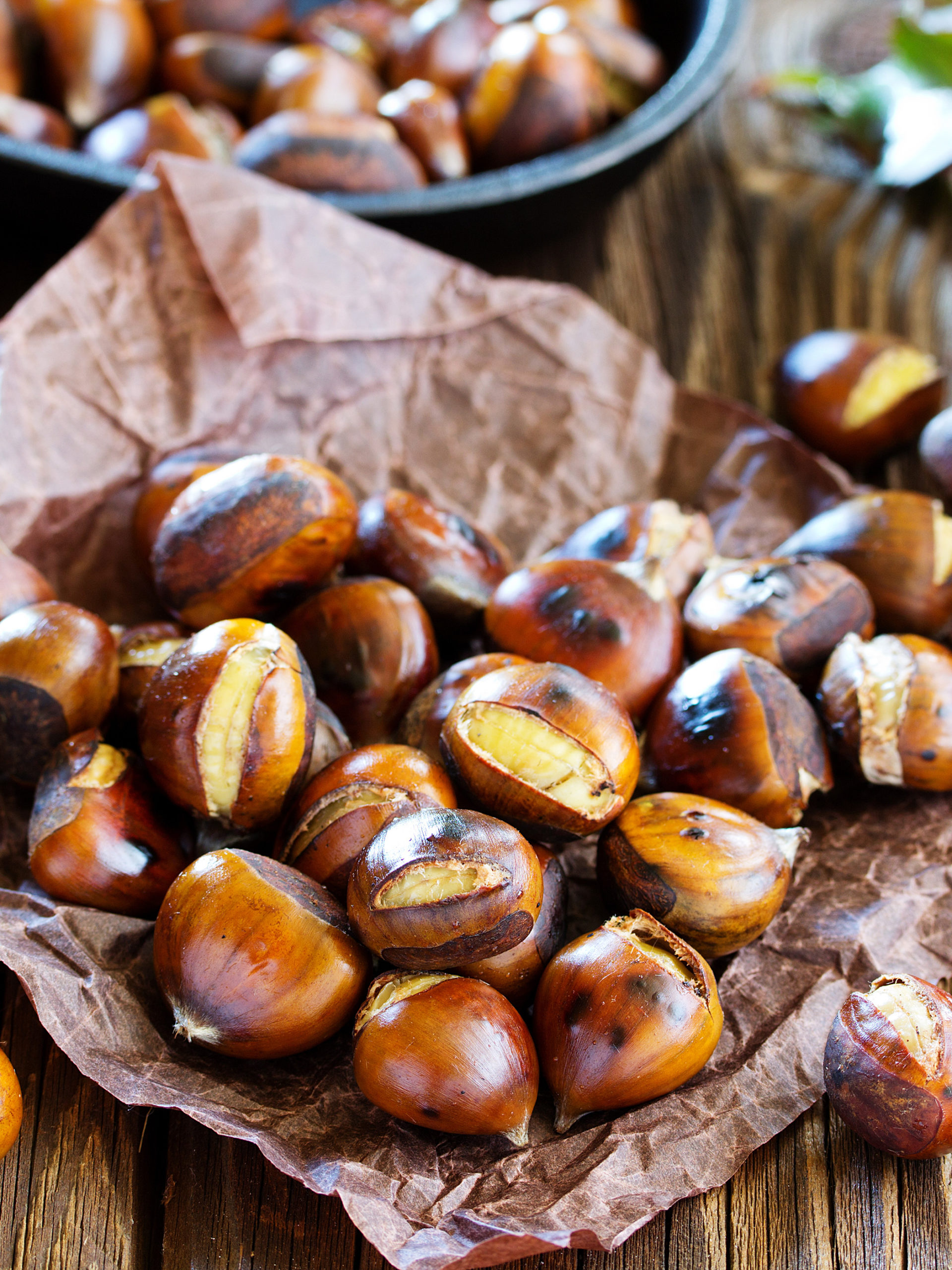 Closeup of roasted chestnuts on kitchen table