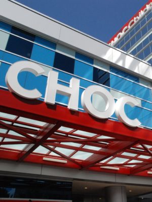 CHOC logo on front of Bill Holmes tower hospital building