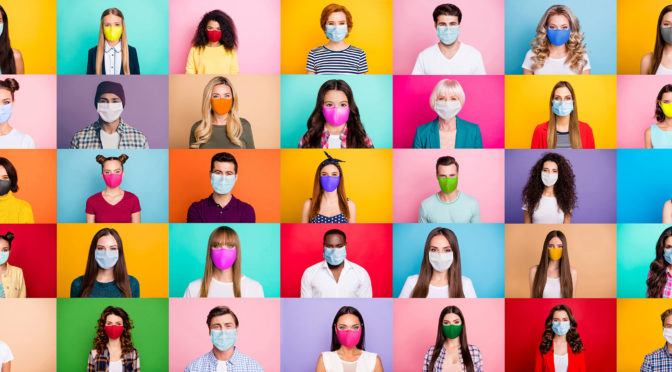 collage multiple people wearing surgical disposable and fabric breathing masks