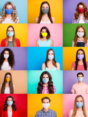 collage multiple people wearing surgical disposable and fabric breathing masks