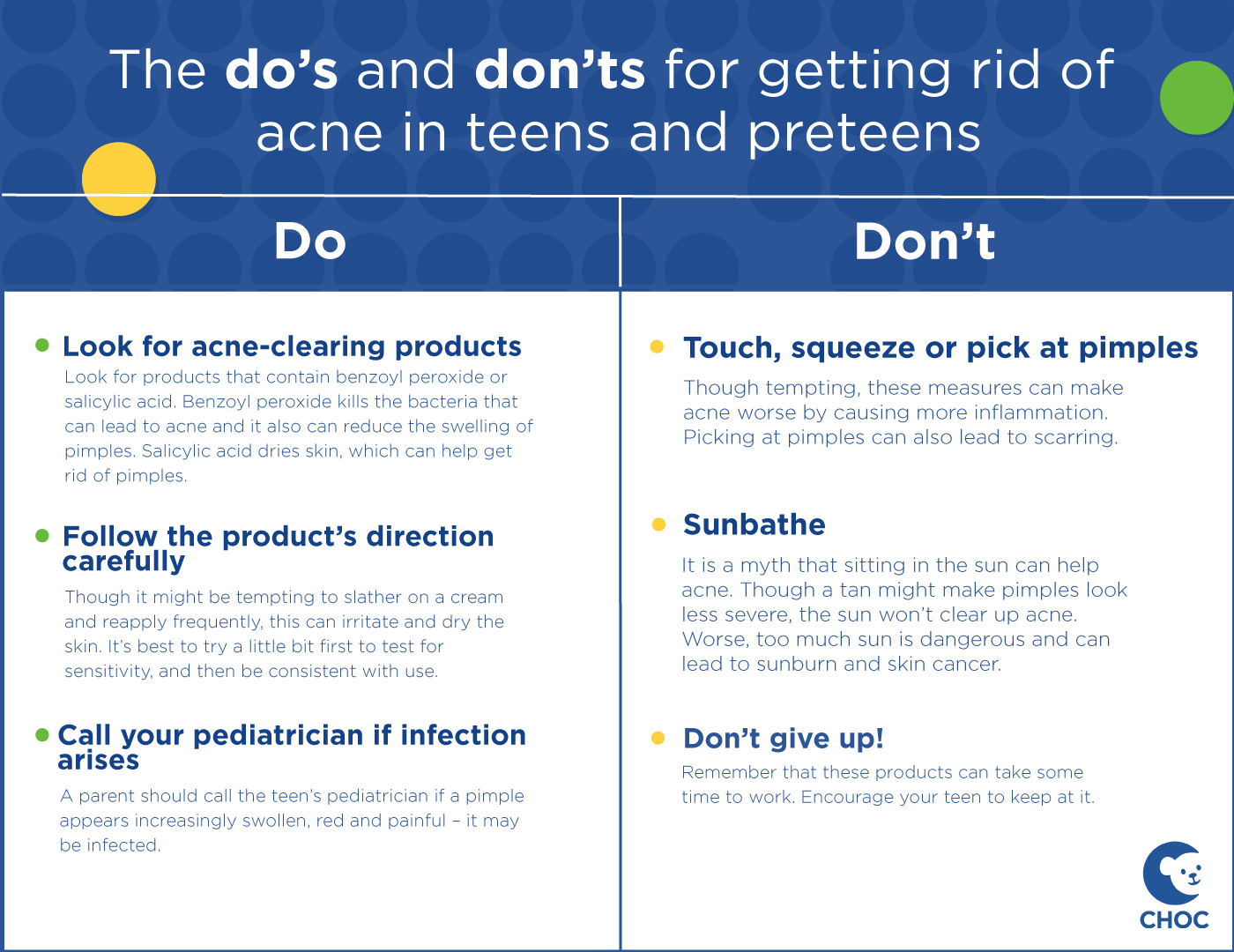 Chart describes the do's and don't for preventing and treating acne