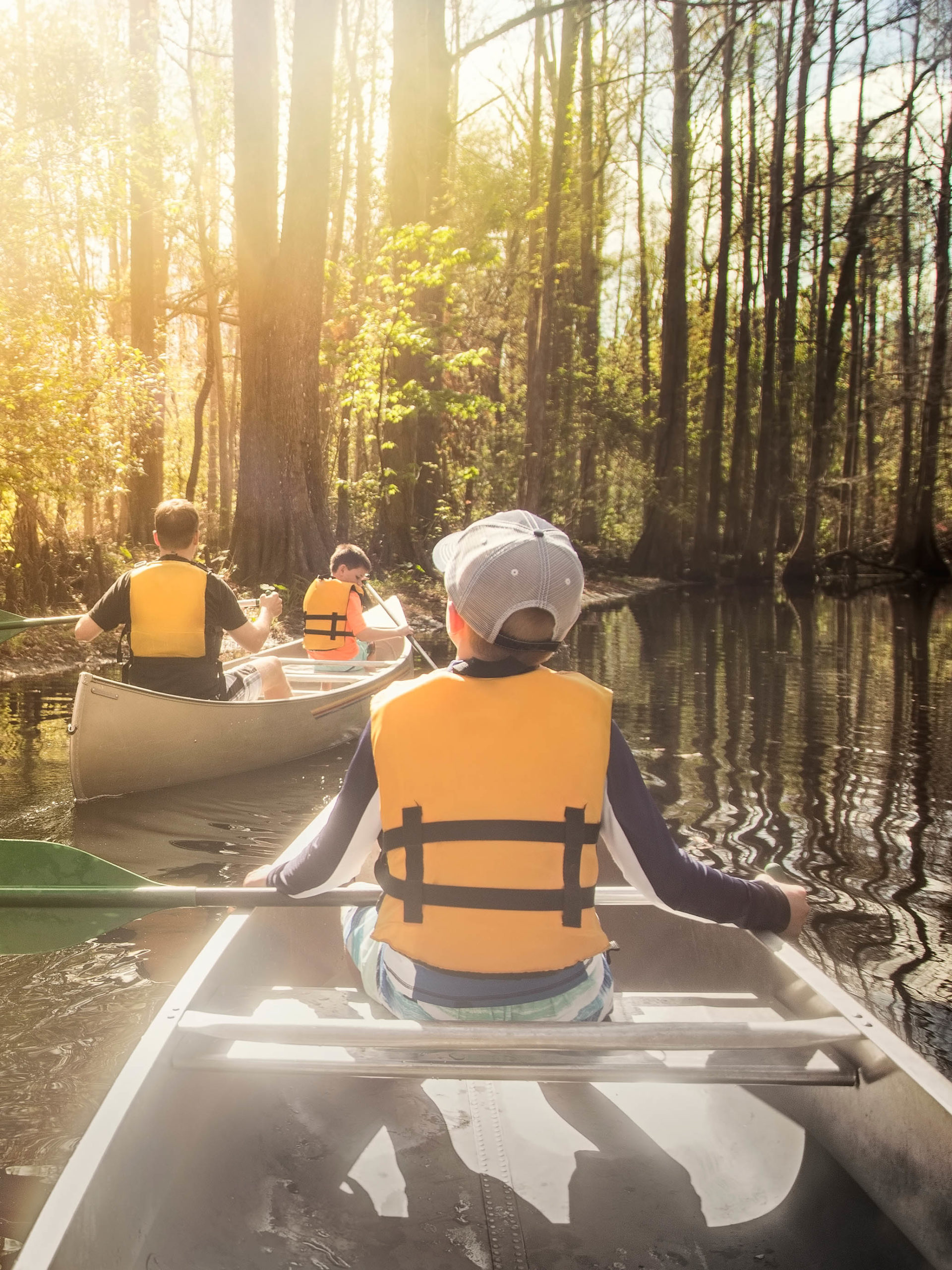 kids canoeing down beautiful river in a Cypress Forest