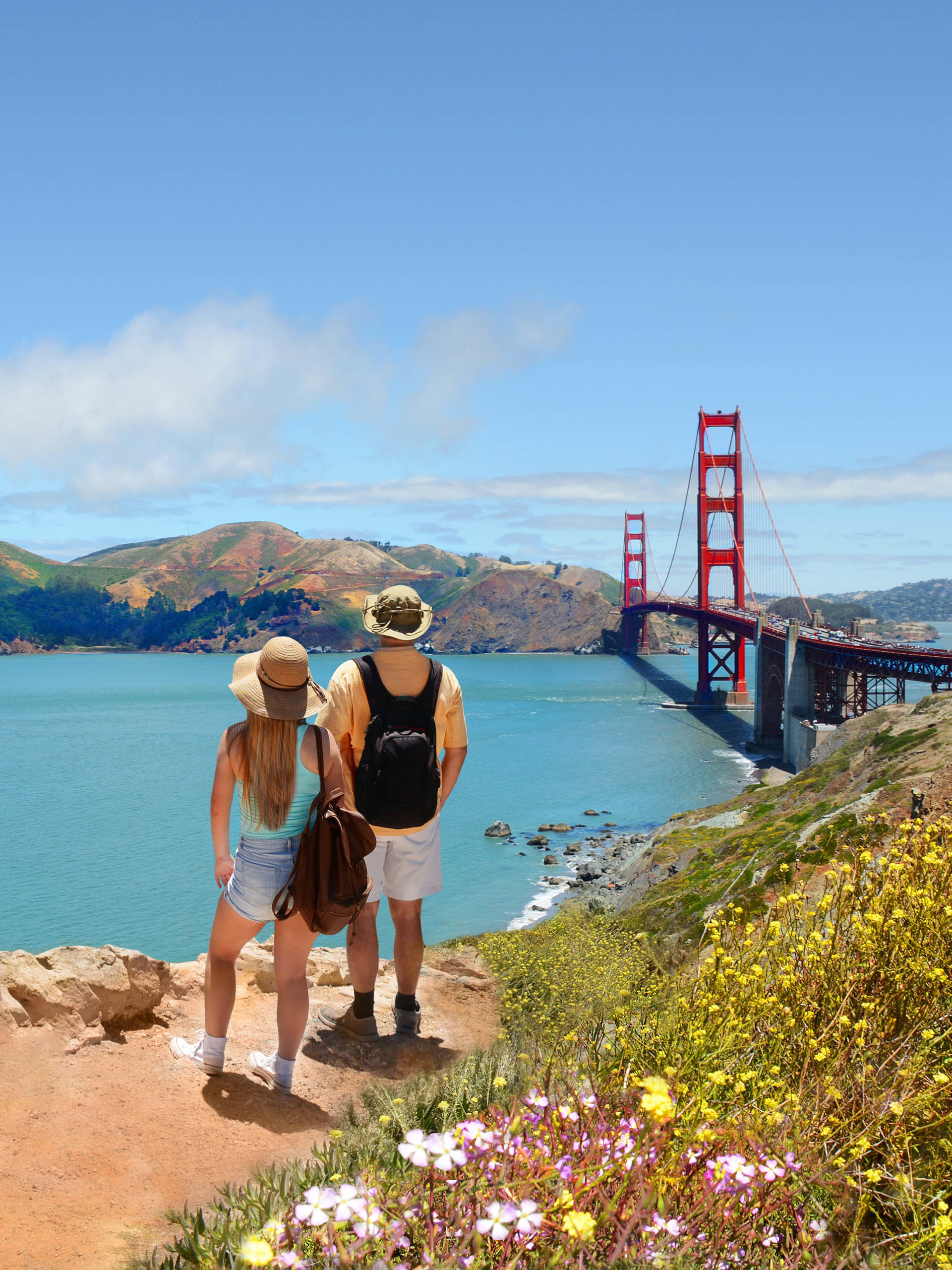 father and daughter on a hike that overlooks Golden Gate Bridge
