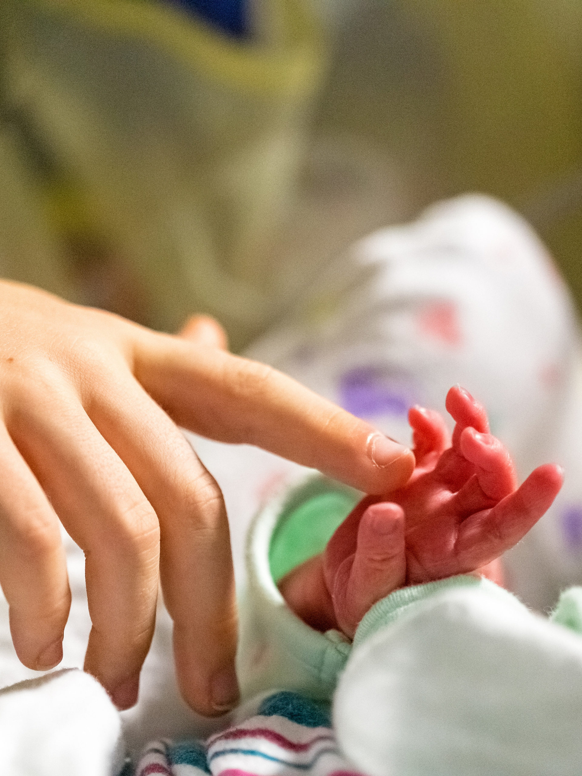 adult touching the hand of infant in the hospital nursery