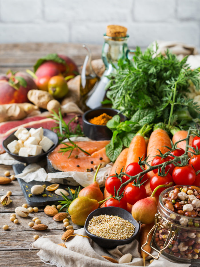 Assortment of healthy food ingredients for cooking a mediterranean meal