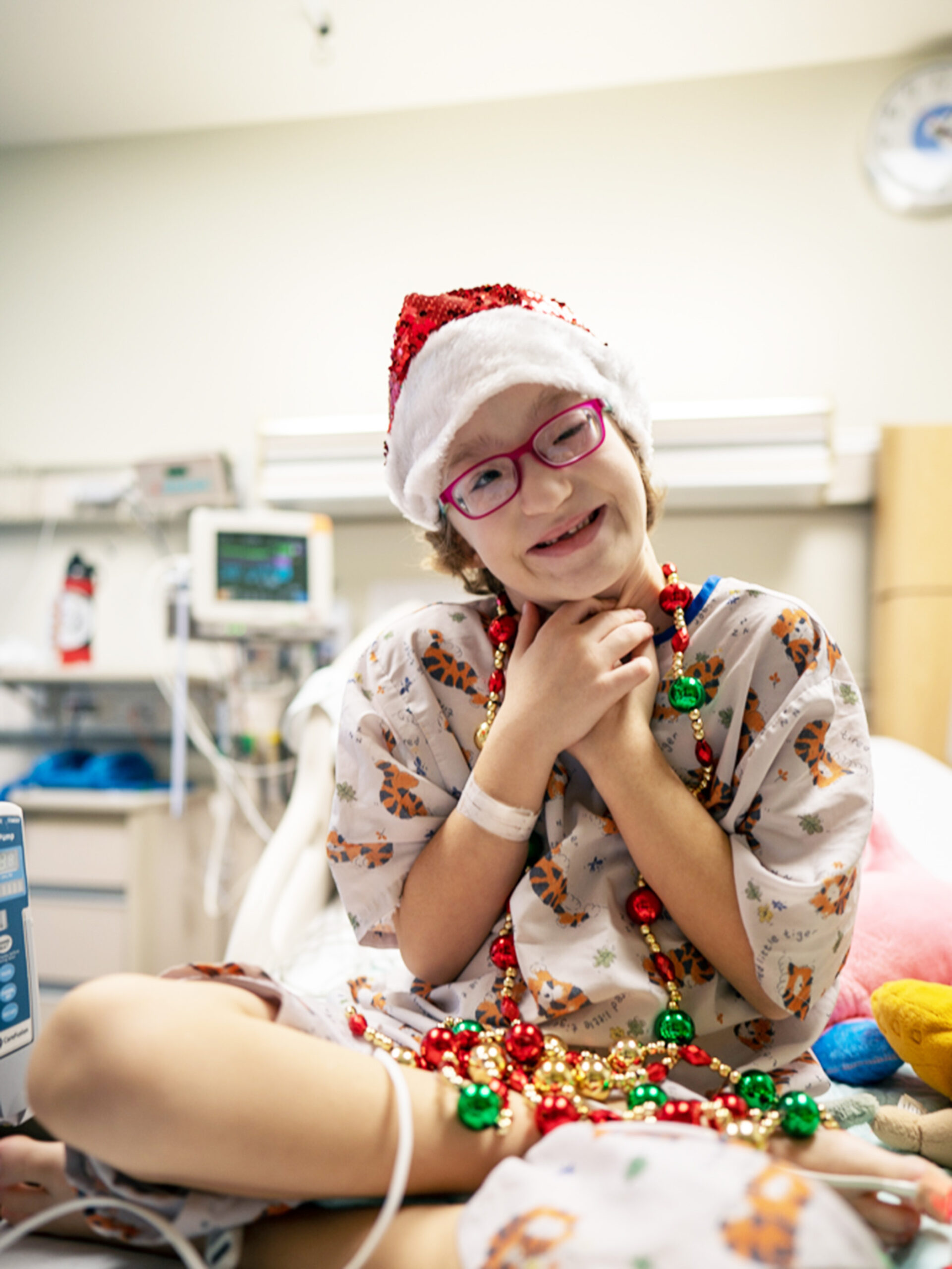 Lily celebrating the holidays in her hospital room at CHOC Hospital in Orange