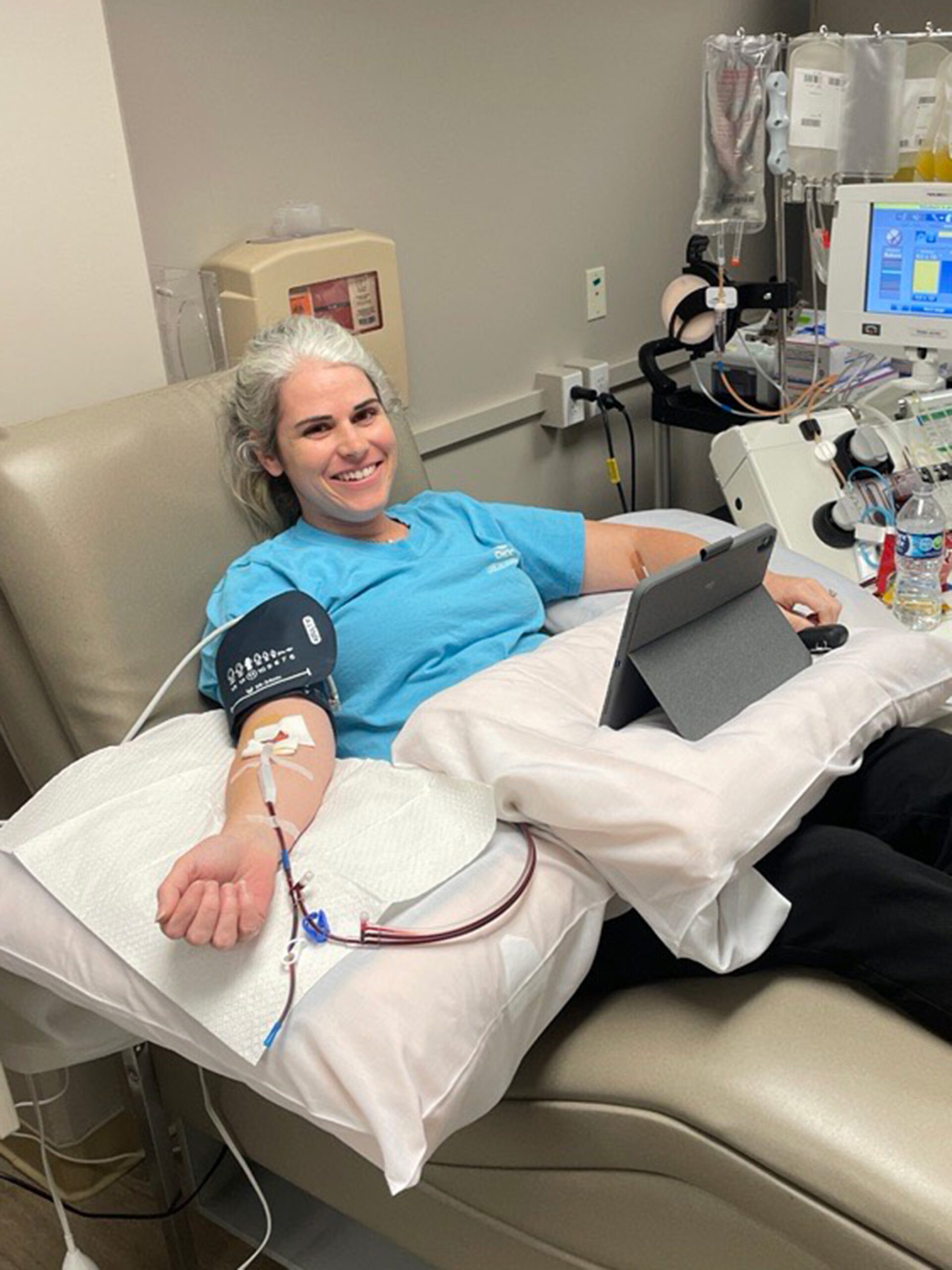 Logan donates platelets at the blood blank at CHOC