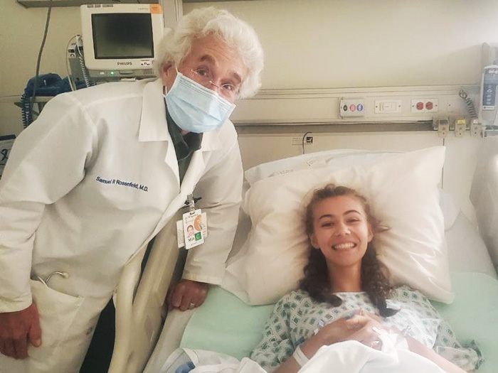Sarah with her surgeon, Dr. Samuel Rosenfeld, in hospital room at CHOC Hospital in Orange