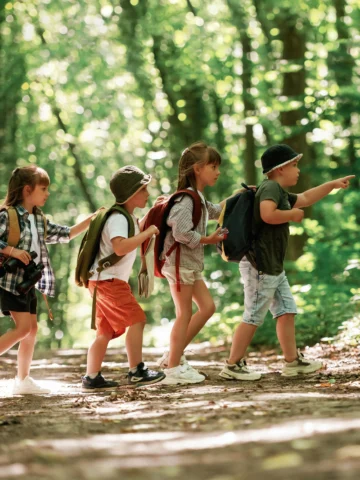 Kids walking around in forest 