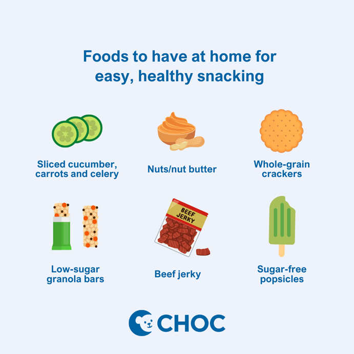 Foods to have at home for easy, healthy snacking include sliced cucumbers, nut butter, whole-grain crackers and beef jerky