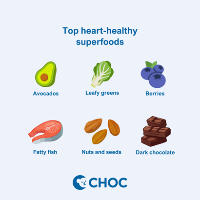 Top heart-healthy superfoods include Avocados, leafy greens, berries and fatty fish.