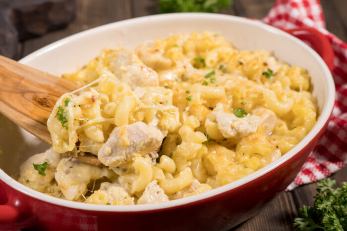 Baked Macaroni and cheese with chicken casserole
