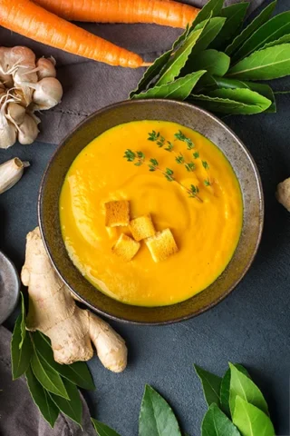 Carrot Ginger Soup with Sourdough Croutons