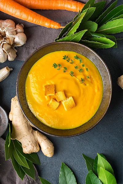 Carrot Ginger Soup with Sourdough Croutons