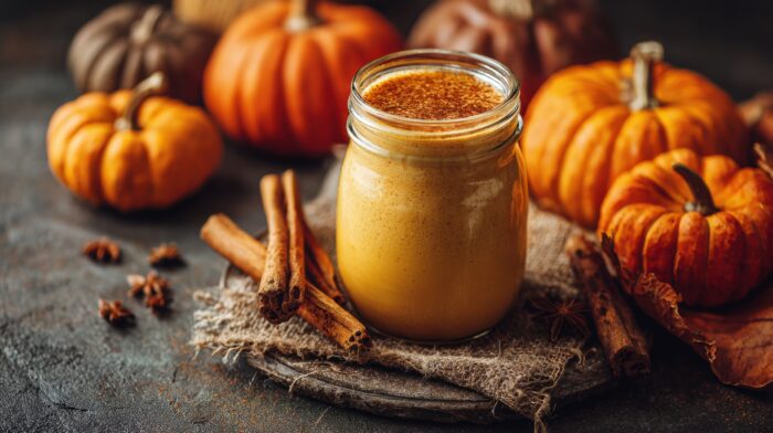 A cozy pumpkin spice drink is featured among vibrant pumpkins and aromatic spices on a rustic table.