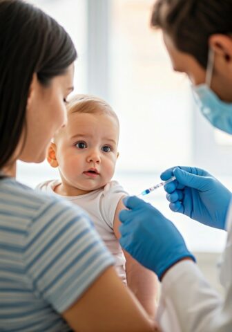 woman holding a bay who's getting a vaccin from a doctor wearing blue gloves 